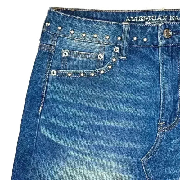American Eagle Women Hi-Rise Festival Mini Jean Skirt SZ 4 Short Studded Frayed - Picture 3 of 5